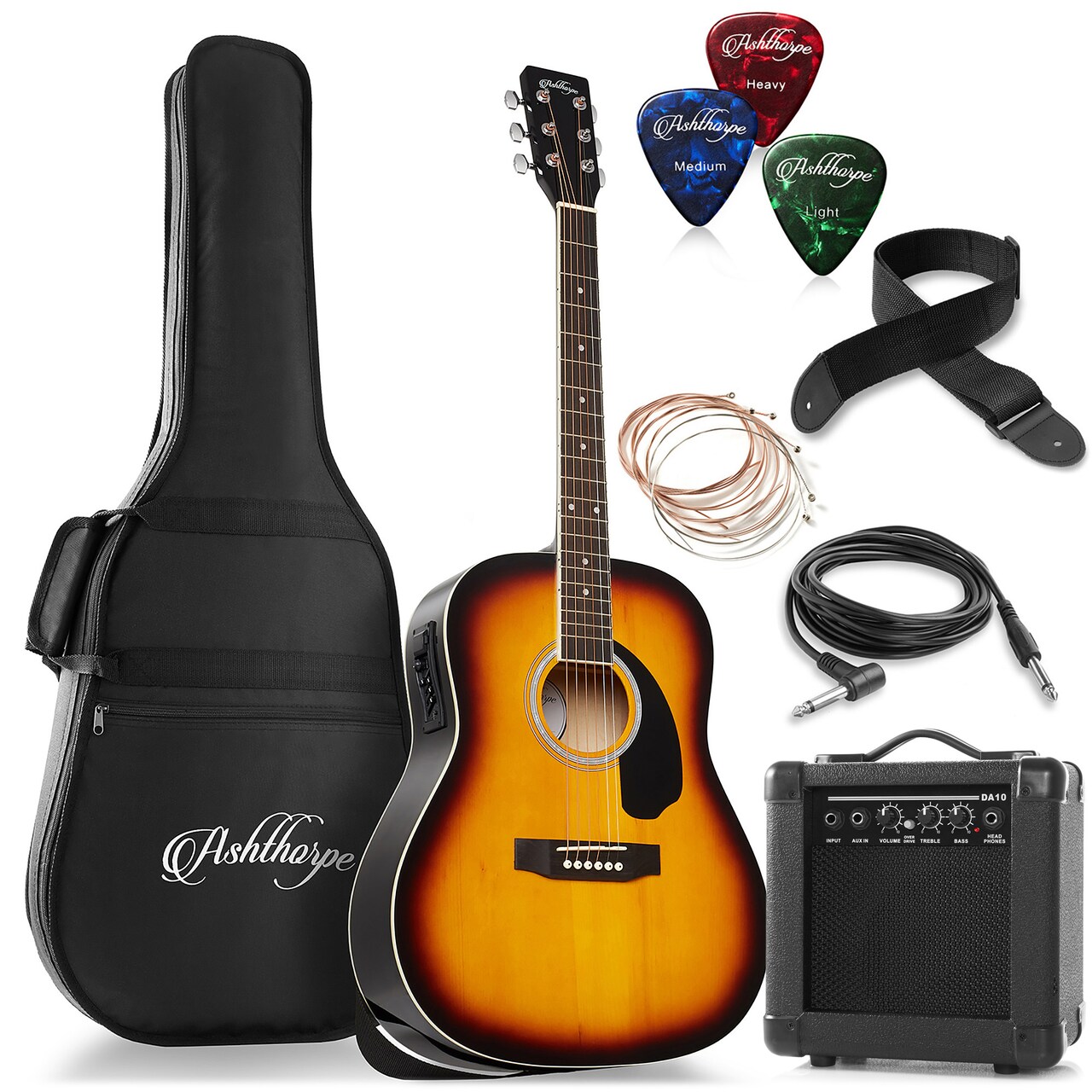 Ashthorpe Full-Size Dreadnought Acoustic Electric Guitar Package with 10 Watt Amp